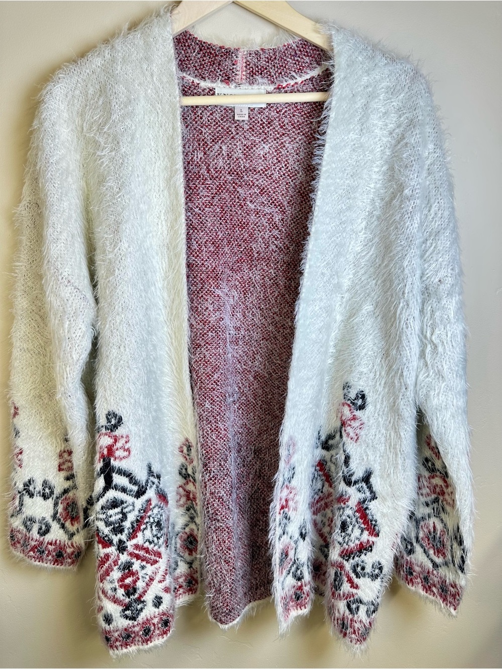 Knox Rose Fuzzy Open Front Cardigan Women’s L – Soft Knit Boho Pattern